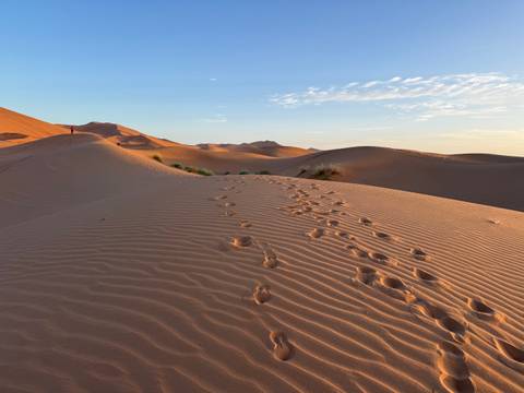 Golden light bathes sweeping desert dunes with footprints leading toward the horizon.