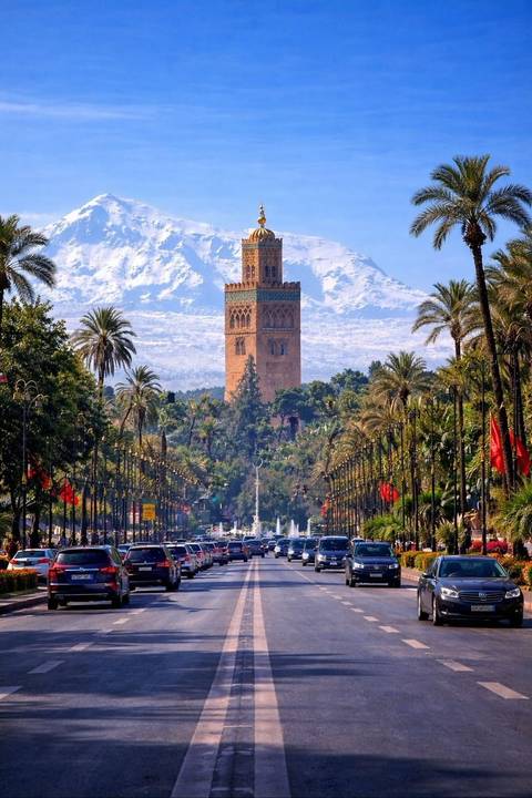Iconic view down a palm-lined Marrakech avenue toward the Koutoubia Mosque with fountains, people and snow-capped Atlas Mountains beyond.