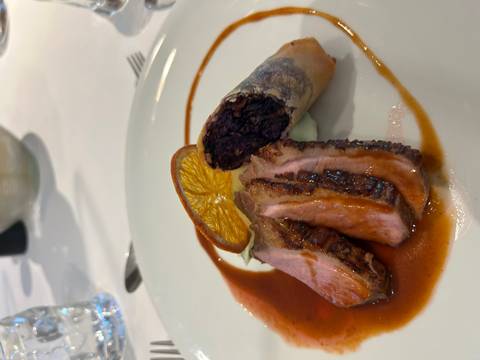Plated gourmet entree featuring sliced duck breast, a spring roll, orange slice and rich sauce.