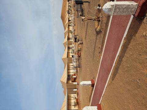 Row of beige luxury tents set on desert sands with low dune backdrop and clear sky.