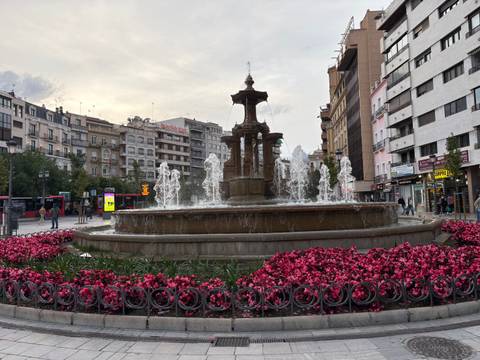 Circular city fountain surrounded by pink flowers and historic buildings under an evening sky.