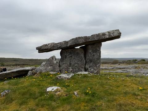 The Poulnabrone Dolmen, an ancient portal tomb of huge stone slabs, stands on a rocky limestone plain dotted with spring flowers.