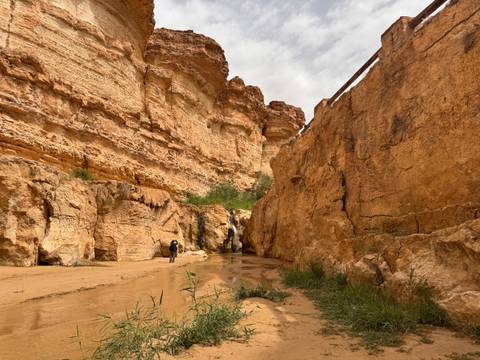 A lone hiker explores a narrow sandstone canyon with rugged ochre walls and a shallow stream.