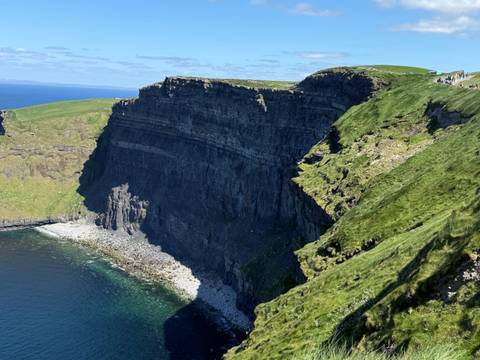 A sweeping aerial view of towering green sea cliffs and rocky shoreline beside deep blue water.