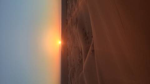 Golden sun sinks below endless Sahara dunes casting warm light over rippled sand.
