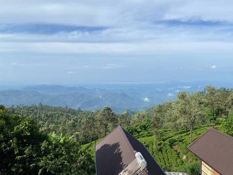 Panoramic view over lush tea-covered highlands and distant valleys from hilltop cottages.