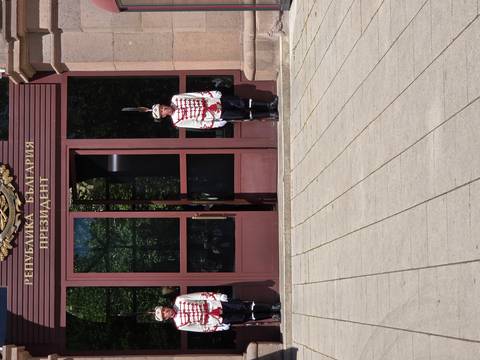 Ceremonial guards standing outside the Bulgarian presidential building entrance