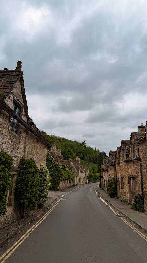 Quaint stone cottages with ivy-clad walls stretch up a hillside beneath a cloudy sky and green woodland.