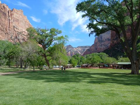 Green meadow surrounded by towering sandstone cliffs and cottonwood trees in bright spring weather.