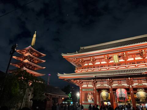 Illuminated Senso-ji temple gate and five-story pagoda at night in Tokyo
