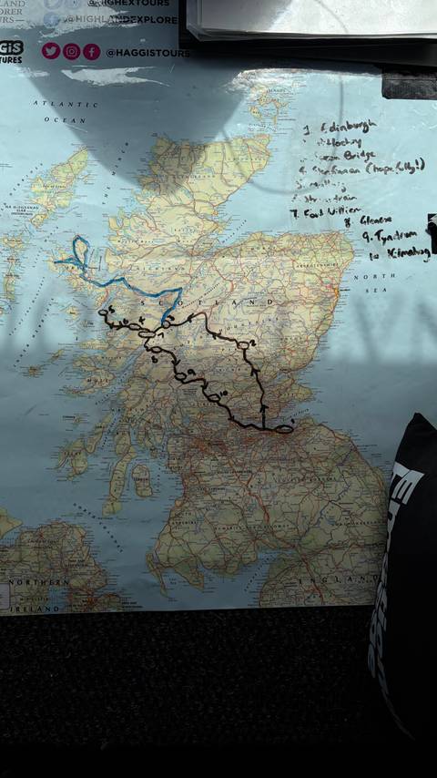 A detailed map of Scotland with a multi-day travel route marked in black ink.