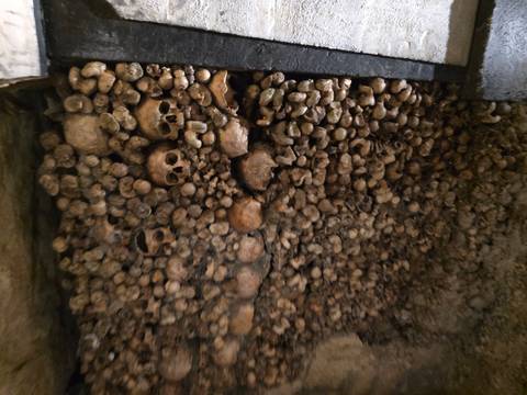 Wall densely stacked with human skulls and bones in a dim underground chamber.