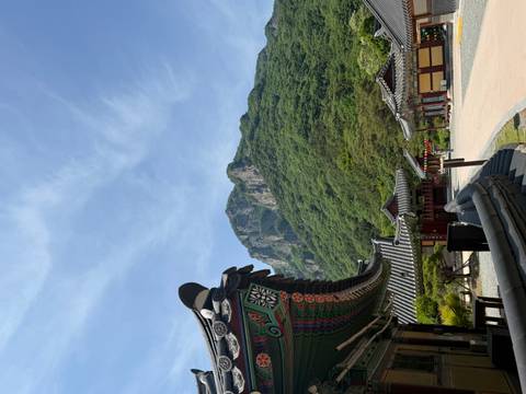 Traditional Korean temple roofs with forested mountain towering behind.