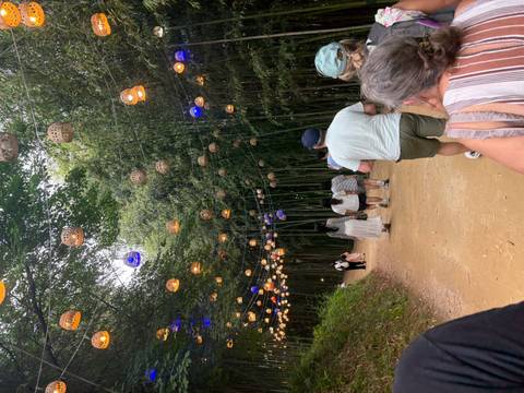 Visitors stroll along a dirt path beneath hanging lanterns in a dense bamboo forest.