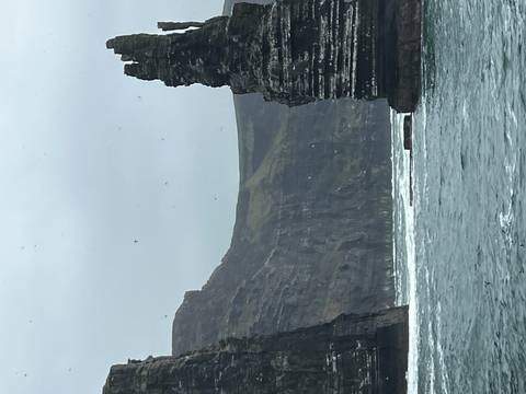 Dramatic sea cliffs rise vertically from rough Atlantic waters under a grey sky