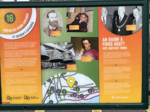 Informational panel about St Colman’s Cathedral with photos, text and a small map