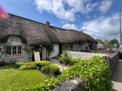 Charming whitewashed thatched cottages with picket fences and gardens under a blue sky