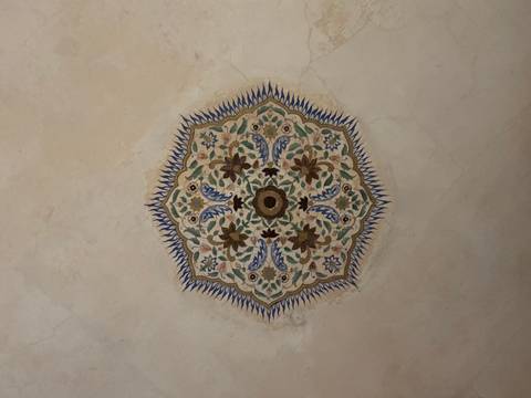 Intricate floral mandala painting decorating the ceiling of a historic Indian palace room.