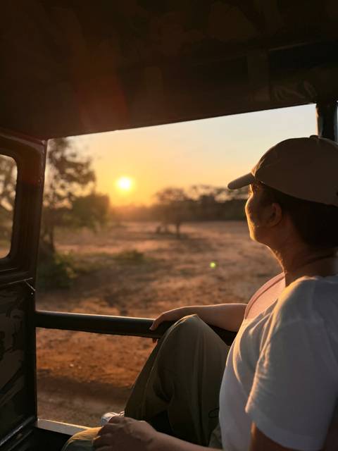 Traveller in safari jeep gazes at an orange sunset over dry savannah.