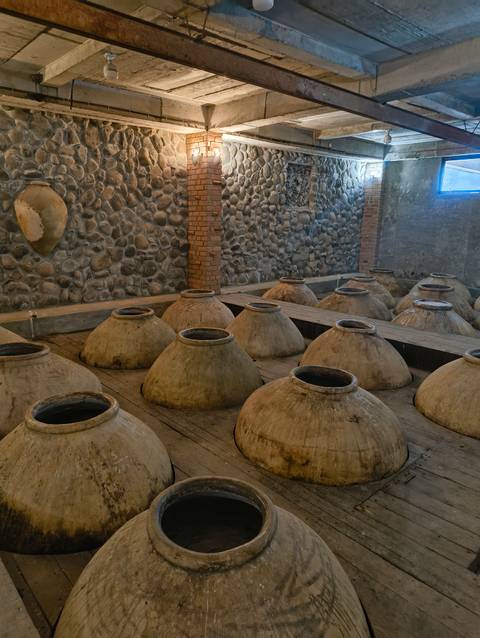 Row of large clay qvevri wine vessels embedded in the floor of a rustic stone cellar.