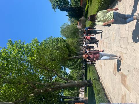 Leafy stone walkway crowded with visitors inside the grounds of Topkapi Palace.