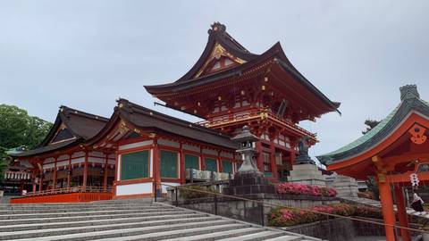 Grand red-and-white main shrine buildings of Fushimi Inari rise above stone steps under a gray sky