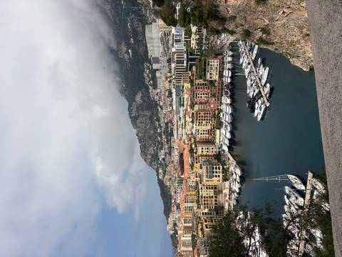 Panoramic view of Monaco’s harbour packed with yachts beneath cloud-capped mountains.