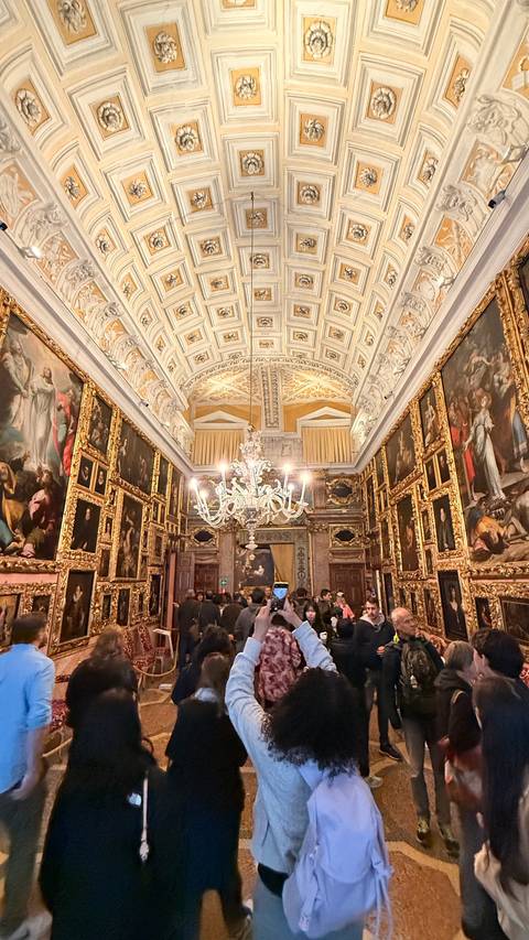 Lavish gallery hall filled with framed classical paintings and an ornate chandelier overhead.