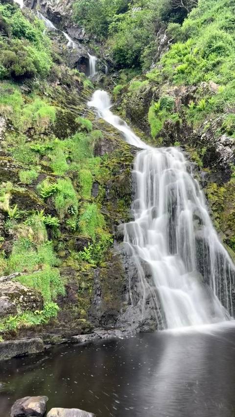 Vertical waterfall cascading over moss-covered rocks in lush green forest