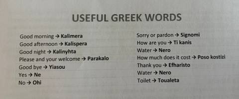 Close-up of a printed reference sheet listing useful Greek words and phrases for travellers.