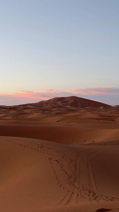Soft pastel sky over rolling sand dunes creating gentle curves and subtle shadows at twilight.