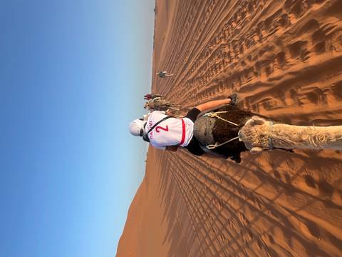 Rear view from atop a camel as a caravan heads across patterned desert sand at golden hour.