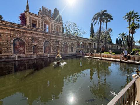 Wide shot of a palace façade reflecting in a pond within lush formal gardens.