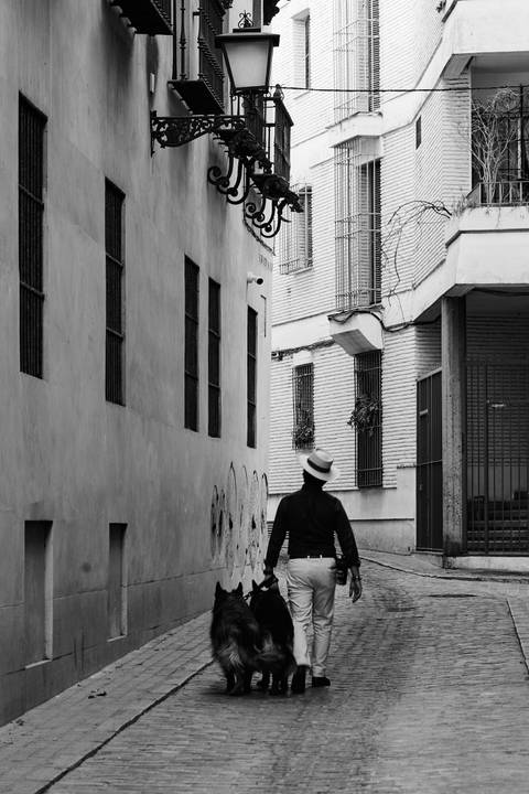 Monochrome alley scene with a person in a hat walking between old buildings.