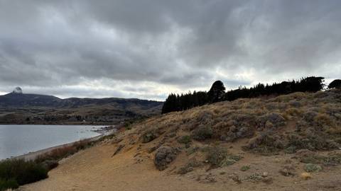 Overcast landscape of shrubs and rolling hills beside a quiet lake.
