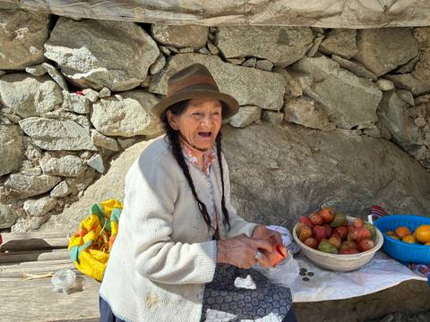 Indigenous woman peeling fruit for sale beside a stone wall in the Andes.