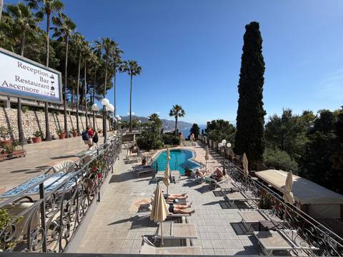 Hotel pool terrace with sunbeds, tall cypress trees and a distant sea view under a clear sky.