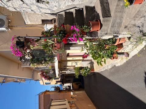 A narrow Sicilian lane lined with colorful potted flowers and balconies leads toward a glimpse of sea horizon.