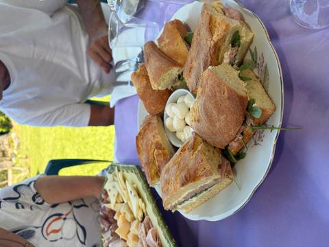 Platter of focaccia sandwiches with mozzarella pearls at an outdoor picnic table