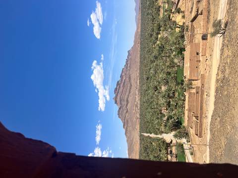 Panoramic view from a fort window of a palm oasis stretching toward a rugged mountain under a bright blue sky