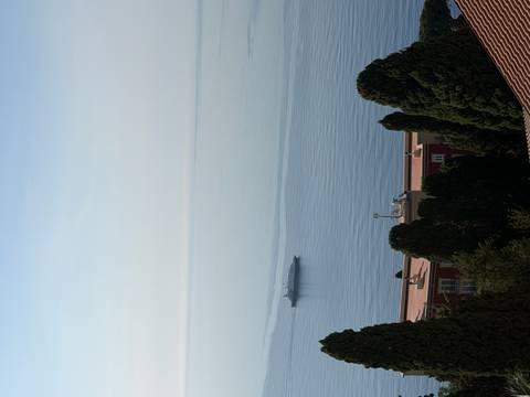 A lone cruise ship traverses calm, pale-blue open water under a clear morning sky.