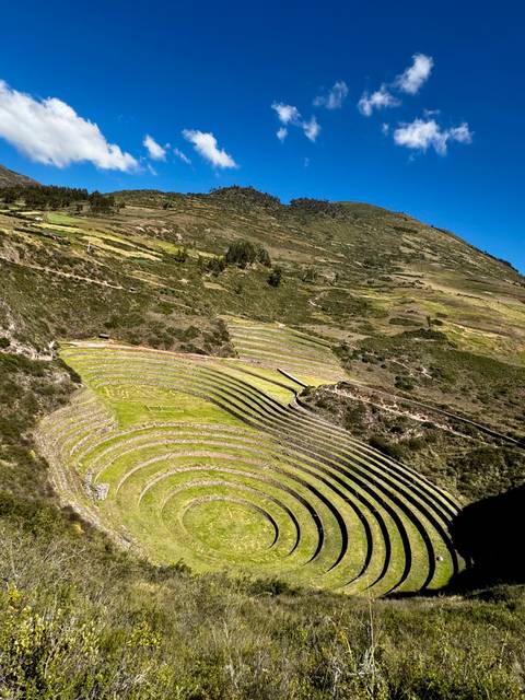 Circular agricultural terraces of Moray glowing green against arid highland plateau