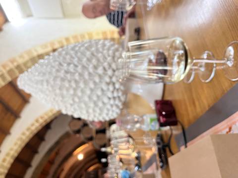 Blurred close-up of wine glasses and a ceramic pine-cone ornament on a tasting table.