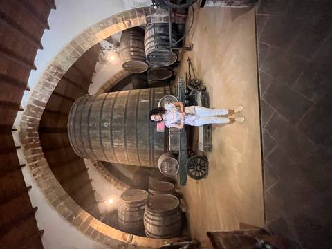 Woman posing inside a historic wine cellar surrounded by massive oak barrels.