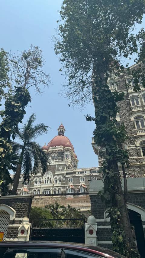 View of the iconic red dome of Mumbai’s Taj Mahal Palace Hotel framed by palms.
