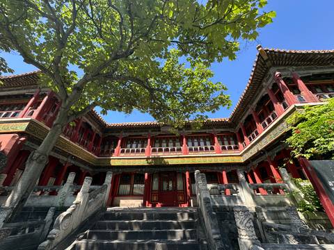 Inner courtyard of a red and gold Qing-era residence shaded by a leafy tree, Beijing.