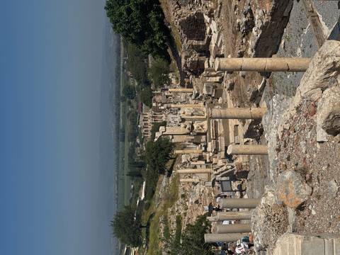 Panoramic view over the ancient marble columns and Library of Celsus ruins at Ephesus.