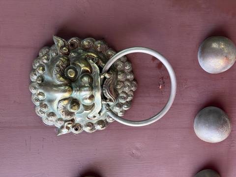 Close-up of an ornate brass lion door knocker on a crimson wooden door.
