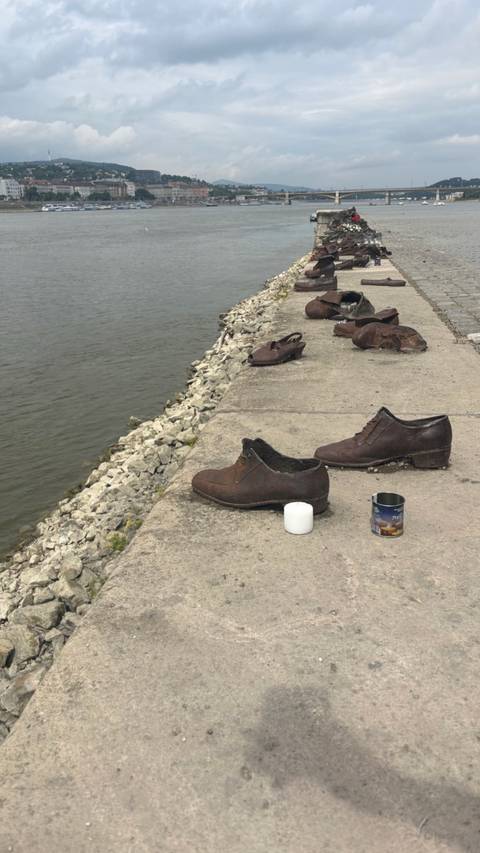 Bronze shoe sculptures lining the Danube embankment memorial overlooking the river.