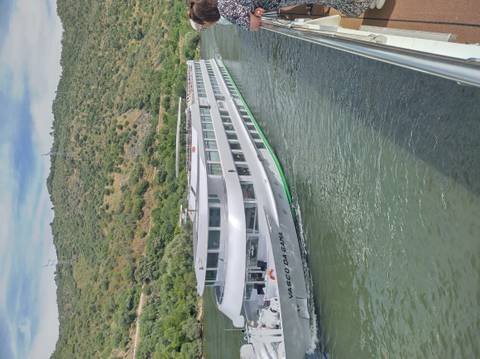 Large white river-cruise vessel ‘VASCO DA GAMA’ navigates a green valley waterway.